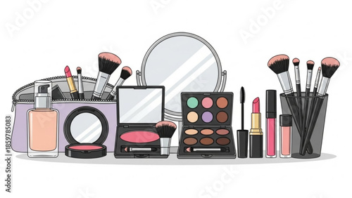 Colorful makeup products and brushes on a white background, including lipstick, eyeshadow, and compacts