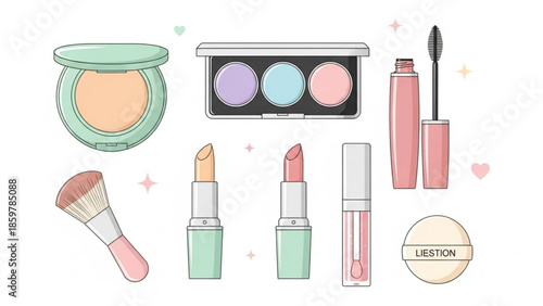 Colorful makeup products including lipstick, eyeshadow, mascara, and blush on white background