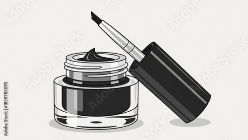 Black eyeliner makeup in glass jar with applicator brush, opened container
