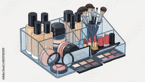 Clear plastic makeup organizer box with various cosmetics and brushes