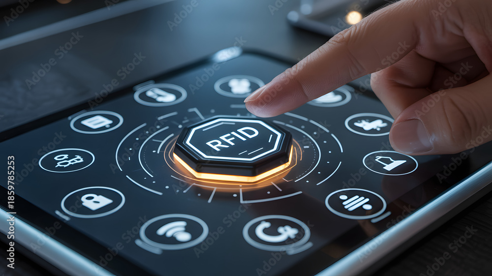 Obraz premium Smart RFID Asset Tracking and Identification Technology Concept with Glowing Interface Display