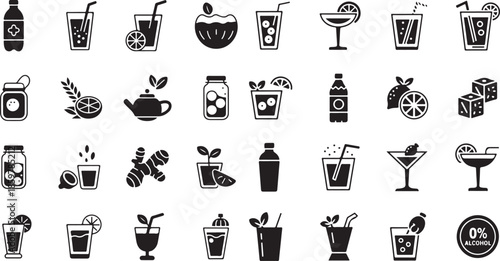 Refreshing beverage and cocktail icon set. Containing juice, smoothies, tea, coconut drink, lemon slices, ginger, cocktail shaker, ice cubes, martini glass, soft drinks, water bottle, and many more.