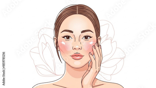 Woman applying skincare cream to glowing face with lotus flowers, highlighting beauty routine and self