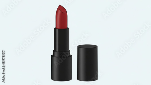 Red lipstick in black tube with cap, isolated on white background, makeup product