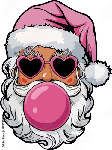 Colorful illustration of a glamorous Santa Claus wearing pink sunglasses and blowing a pink bubble gum bubble, playful and modern holiday concept.