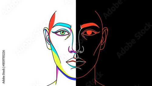 Contrasting faces of a woman with colorful and black line art designs symbolizing duality