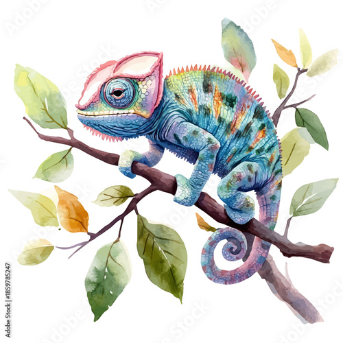 Chameleon Changing Color, refined watercolor illustration with luminous tones and soft layered brushwork, isolated on a white background.