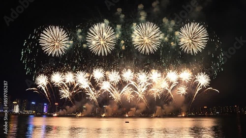 Colorful fireworks display over water at night with city skyline in background