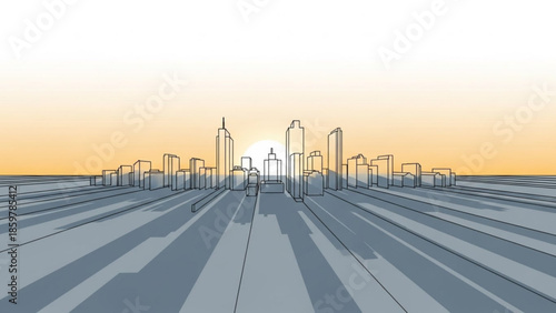 Cityscape illustration with skyscrapers on a highway at sunset with warm orange sky