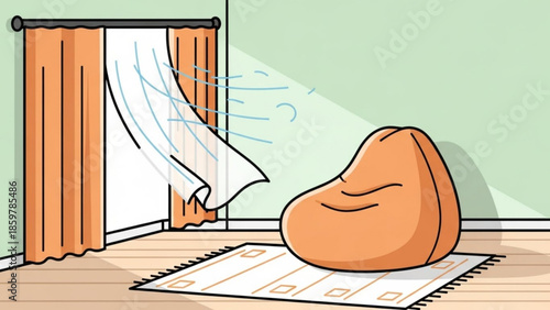 A bean bag chair sits on a rug in a room with a window and orange curtains blowing in the wind