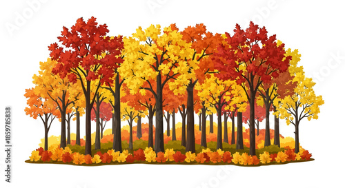 A vibrant cluster of deciduous trees displaying brilliant autumn foliage in shades of red, orange, and yellow, set against a white background.