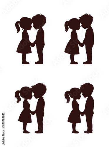 Romantic Kids Couple Silhouette Vector set
