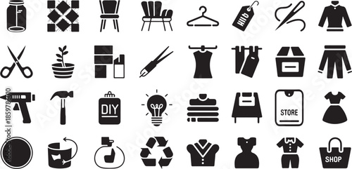 Fashion design and tailoring icon set. Containing sewing needles, fabric scissors, clothes hangers, dress forms, glue guns, diy craft tools, potted plants, and shopping bags.