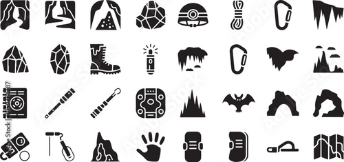 Caving and spelunking icon set. Containing rocky caves, stalactites, climbing ropes, safety helmets, crystals, carabiners, flashlights, hiking boots, and exploration maps.