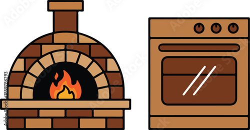 Traditional brick pizza oven with fire and modern electric kitchen oven comparison vector illustration. cooking appliances.