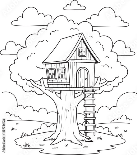 Charming outline illustration of a classic wooden treehouse built high in a robust tree, surrounded by fluffy clouds and a gentle landscape.