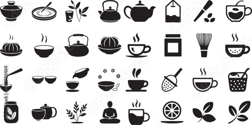 Tea ceremony and culture icon set. Containing teapots, matcha whisks, tea bags, steaming cups, herbal leaves, lemon slices, and meditation symbols.