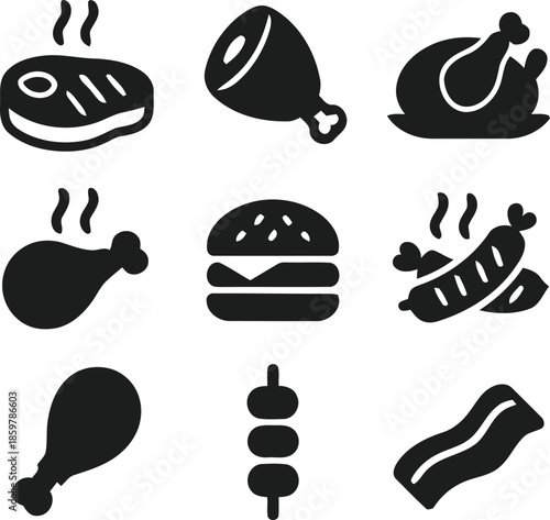 Food Icons Collection Set of Various Meals Such as Steak Chicken Burger Sausage and Bacon Illustrations on Transparent Background