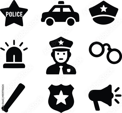 Police Icon Set Featuring Law Enforcement Symbols Such as Badge Car Handcuffs Megaphone and Officer Silhouette Isolated on Transparent Background Two Hundred Characters