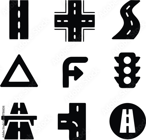 Road Icon Set Featuring Highway Crossroads and Traffic Sign Silhouette Isolated on Transparent Background Exactly Two Hundred Characters
