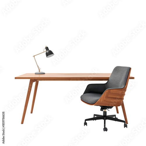 Working Desk With Chair and Lamp in Office Setting With Plant and Notebook on...