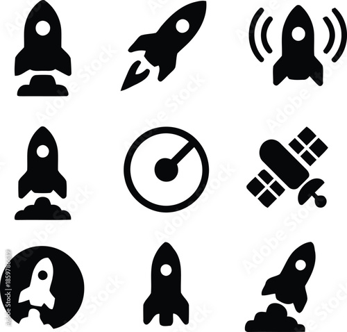 Rocket Icons Collection Set of Spacecrafts and Launch Vehicles Illustrations Symbolizing Exploration and Technology on Transparent Background