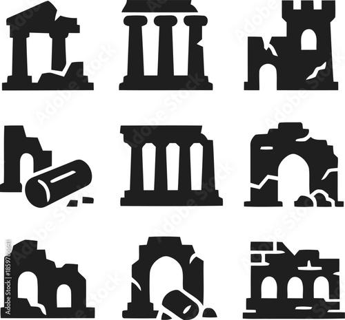 Ruins Silhouette Set with Ancient Architecture and Destroyed Structures in Black Isolated on Transparent Background Exactly Two Hundred Characters