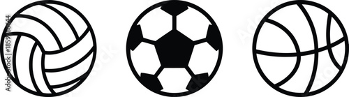 Set of Ball Vector Icons Volleyball Soccer Basketball Symbol Sign or Icon Sport Game Activity Competition Exercise Play Leisure Team Round Sphere Line