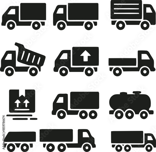 Set of Trucks Delivery Vector Icons Shipping Vehicle Transportation Symbol Sign or Icon Freight Cargo Logistics Transport Box Container Lorry Track Line