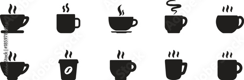 Set of Various Coffee Cup Silhouettes with Steam Vector Illustration Collection Different Shapes and Styles Isolated on Transparent Background for Cafe Menu or Branding Design Max 200