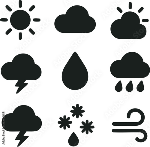 Set of Weather Vector Icons on Transparent Background Collection of Meteorology Symbols Such as Sun Cloud Rain Lightning Snow and Wind Elements