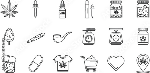 Illustrative Line Art Icons Representing Cannabis-Related Wellness and Lifestyle Products