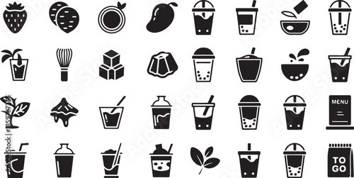 Bubble tea and dessert drink icon set. Containing boba cups, tapioca pearls, fruit flavors, jelly cubes, milk tea, straws, takeout bags, and menu boards.