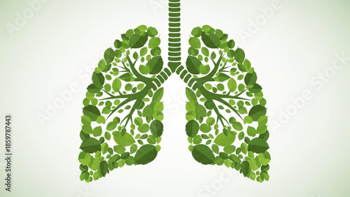 Green leaves forming lungs with trachea on white background, symbolizing healthy breathing and nature