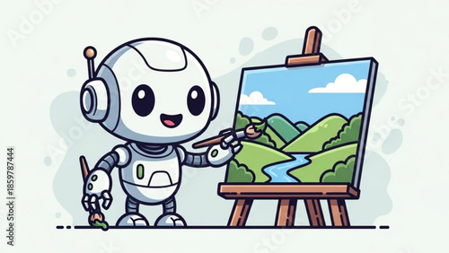 Cute robot painting landscape on easel with brush and palette in studio