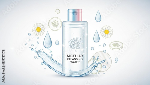 Micellar cleansing water bottle with floral design and water splash on white background
