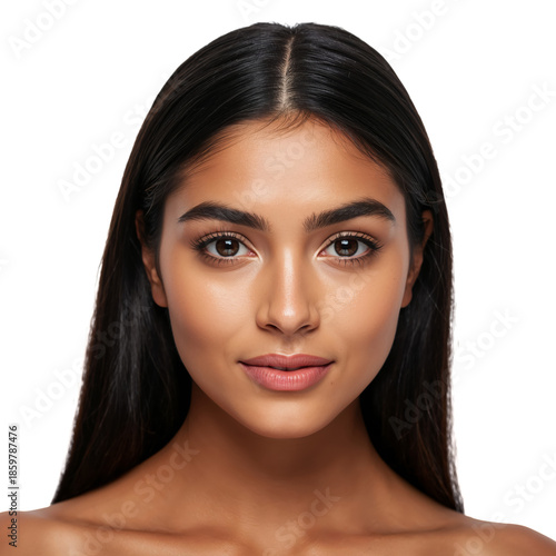 Portrait of a Woman With Long Hair and Clear Skin in Front of a White Background © olegganko