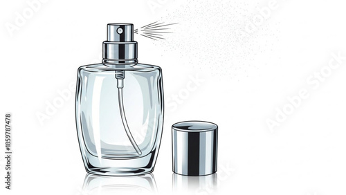 Empty clear glass perfume bottle with silver cap and spray nozzle isolated on white background
