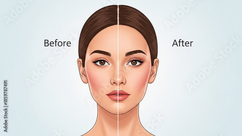 Before and after woman face with makeup comparison illustration