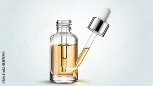Glass bottle with golden liquid and dropper on white background for skincare or wellness product