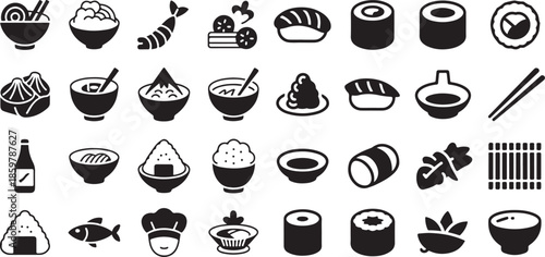 Japanese sushi and Asian cuisine icon set. Containing sushi rolls, ramen noodles, tempura shrimp, chopsticks, miso soup, onigiri rice balls, sashimi, soy sauce, and bamboo mats.