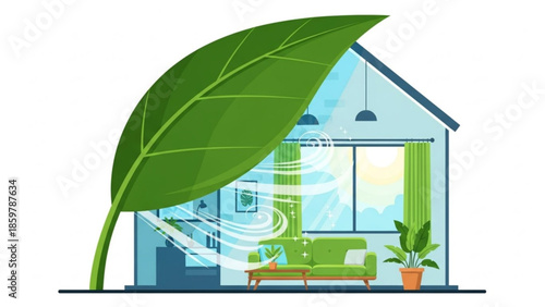 Eco friendly home with green leaf protecting it from pollution and climate change
