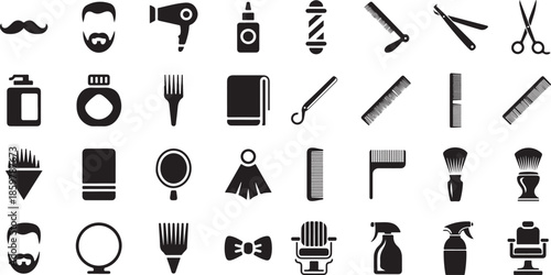 Barbershop and hair salon icon set. Containing mustaches, bearded men, hair dryers, barber poles, straight razors, scissors, combs, and styling chairs.