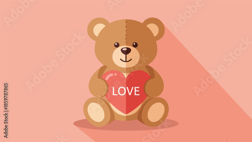 Cute cartoon teddy bear holding a red heart with love.
