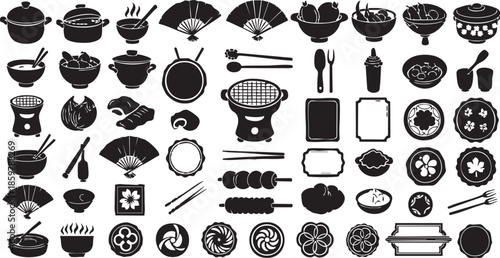 Traditional Japanese Kitchenware and Culinary Silhouette Set with Cooking Pots, Fans and Oriental Food Icons