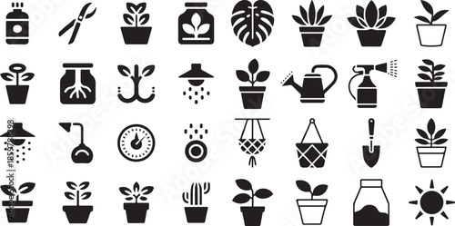 Indoor gardening and plant care icon set. Containing potted plants, watering cans, spray bottles, pruning shears, fertilizer, seedlings, and monstera leaves.