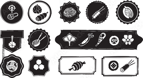 Traditional Japanese Food Labels Set with Ramen, Sushi, and Skewer Icons in Ornamental Frames