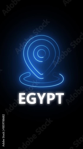Blue Neon Location Pin Icon Above the Word Egypt on a Dark Background marker