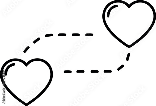 Two elegant black outline hearts gracefully connected by a minimalistic dashed line symbolizing enduring long distance love or a deep romantic relationship