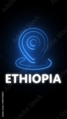 Blue Neon Location Pin Icon Above the Word Ethiopia on a Dark Background marker